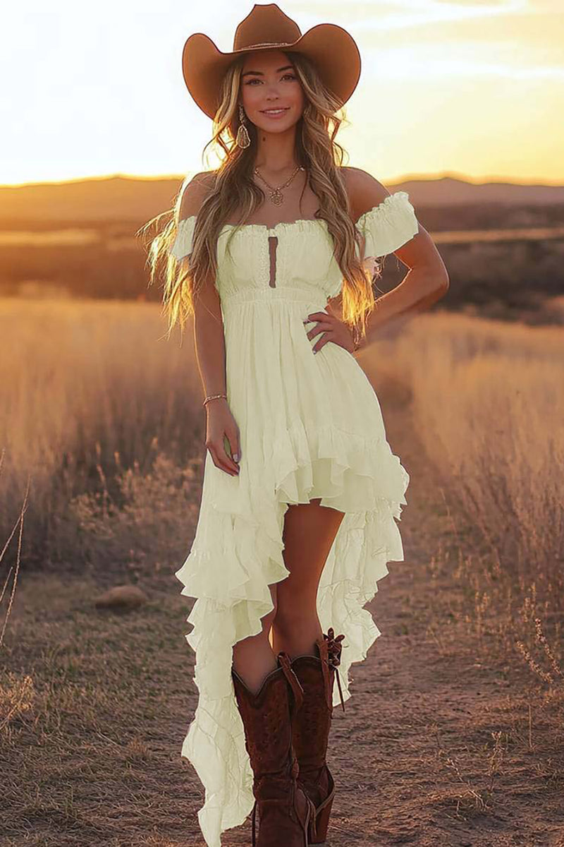 Load image into Gallery viewer, Pink Chiffon Off the Shoulder Asymmetrical Graduation Dress with Ruffles