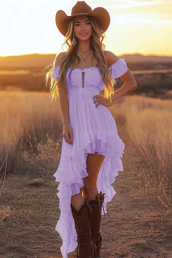 White A Line Chiffon Off the Shoulder Asymmetrical Bridal Shower Dress with Ruffles