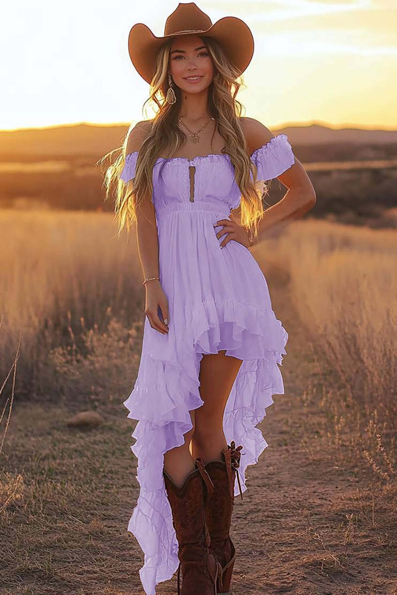 Load image into Gallery viewer, White A Line Chiffon Off the Shoulder Asymmetrical Bridal Shower Dress with Ruffles