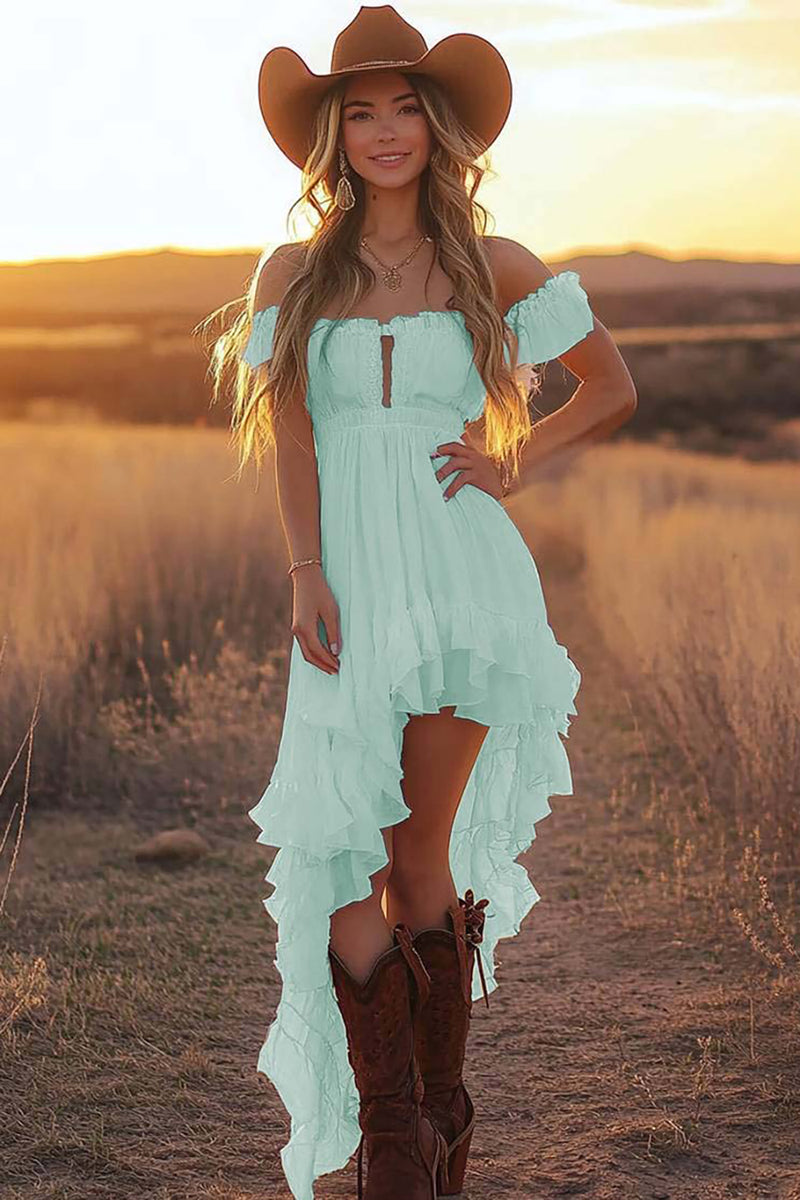 Load image into Gallery viewer, White A Line Chiffon Off the Shoulder Asymmetrical Bridal Shower Dress with Ruffles