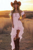 Load image into Gallery viewer, Pink Chiffon Off the Shoulder Asymmetrical Graduation Dress with Ruffles
