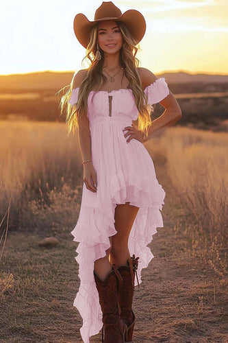 Pink Chiffon Off the Shoulder Asymmetrical Graduation Dress with Ruffles