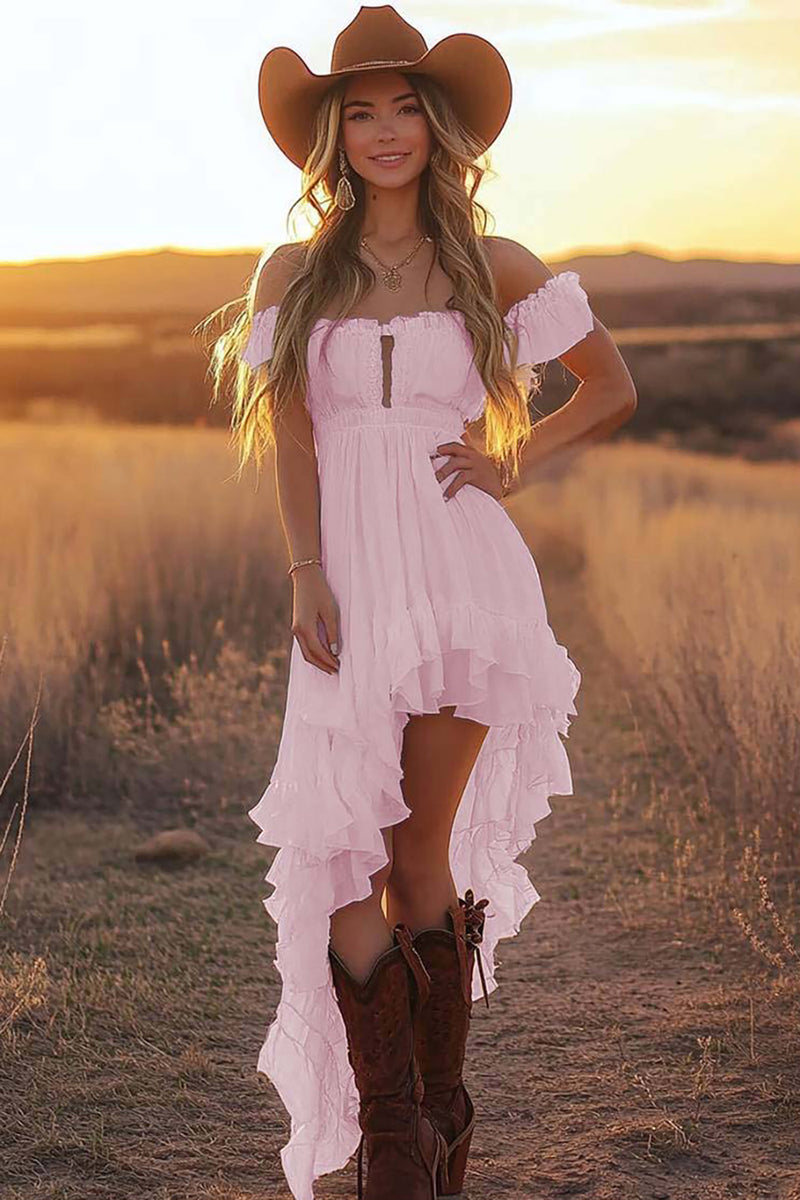 Load image into Gallery viewer, Pink Chiffon Off the Shoulder Asymmetrical Graduation Dress with Ruffles