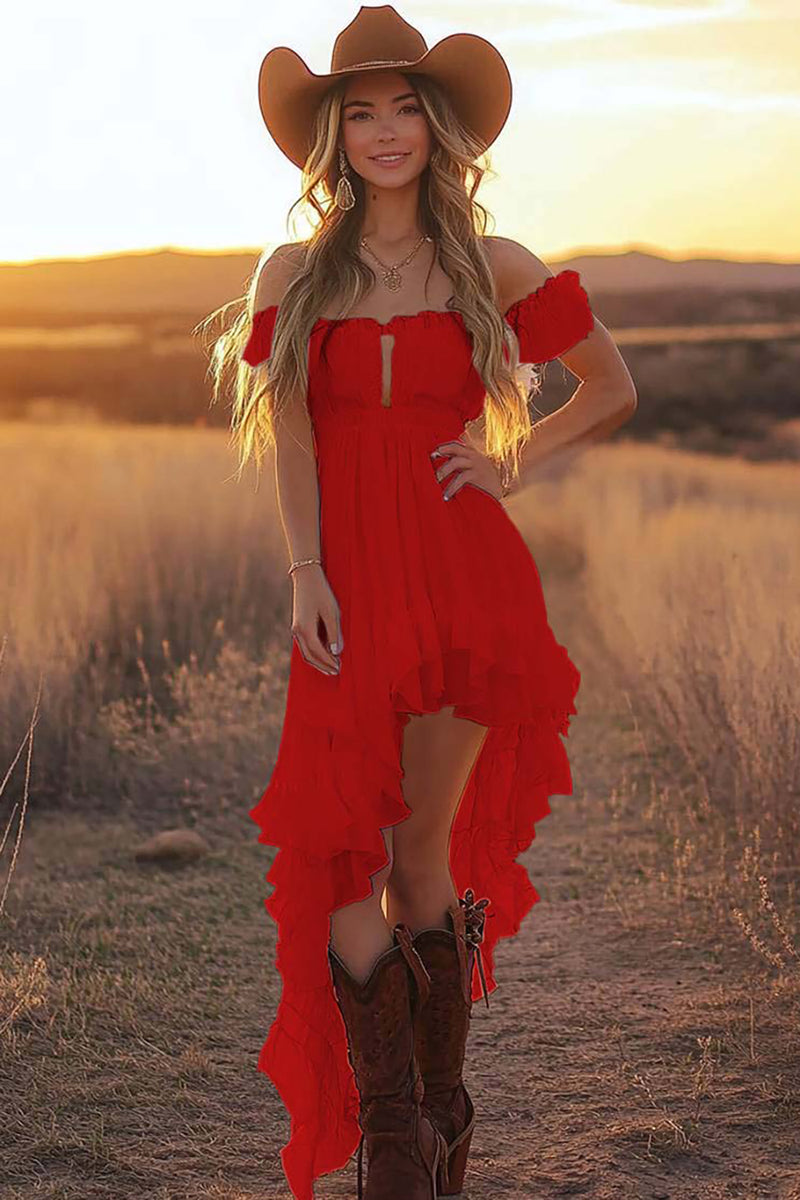 Load image into Gallery viewer, Pink Chiffon Off the Shoulder Asymmetrical Graduation Dress with Ruffles