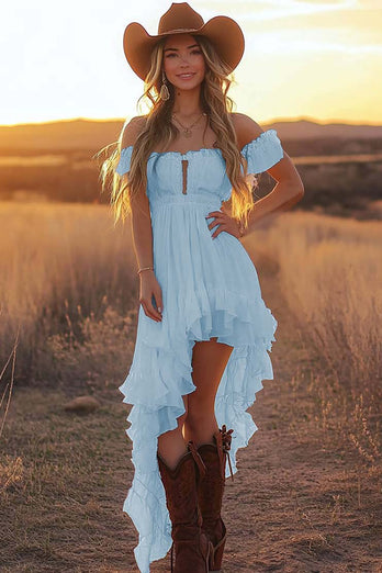 Pink Chiffon Off the Shoulder Asymmetrical Graduation Dress with Ruffles