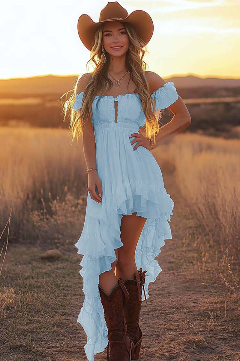 Load image into Gallery viewer, Pink Chiffon Off the Shoulder Asymmetrical Graduation Dress with Ruffles