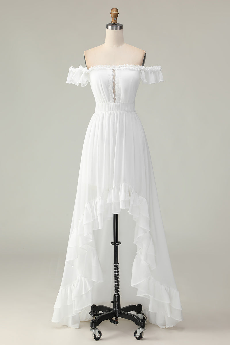 Load image into Gallery viewer, White Chiffon Off the Shoulder Asymmetrical Engagement Dress with Ruffles