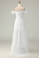 Load image into Gallery viewer, White A Line Chiffon Off the Shoulder Asymmetrical Bridal Shower Dress with Ruffles