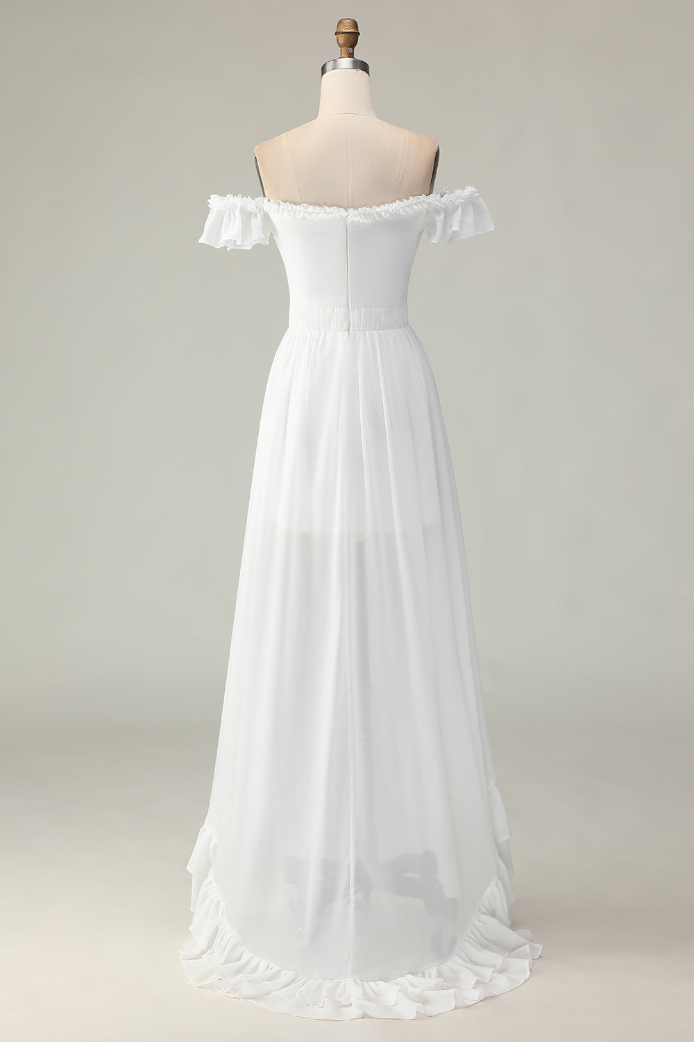 White Chiffon Off the Shoulder Asymmetrical Engagement Dress with Ruffles