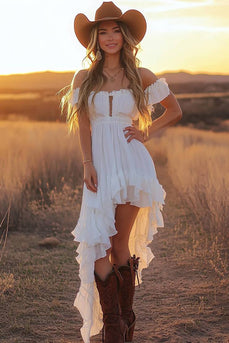 Pink Chiffon Off the Shoulder Asymmetrical Graduation Dress with Ruffles