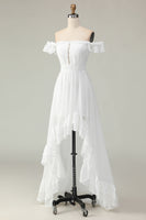 Load image into Gallery viewer, White Chiffon Off the Shoulder Asymmetrical Engagement Dress with Ruffles
