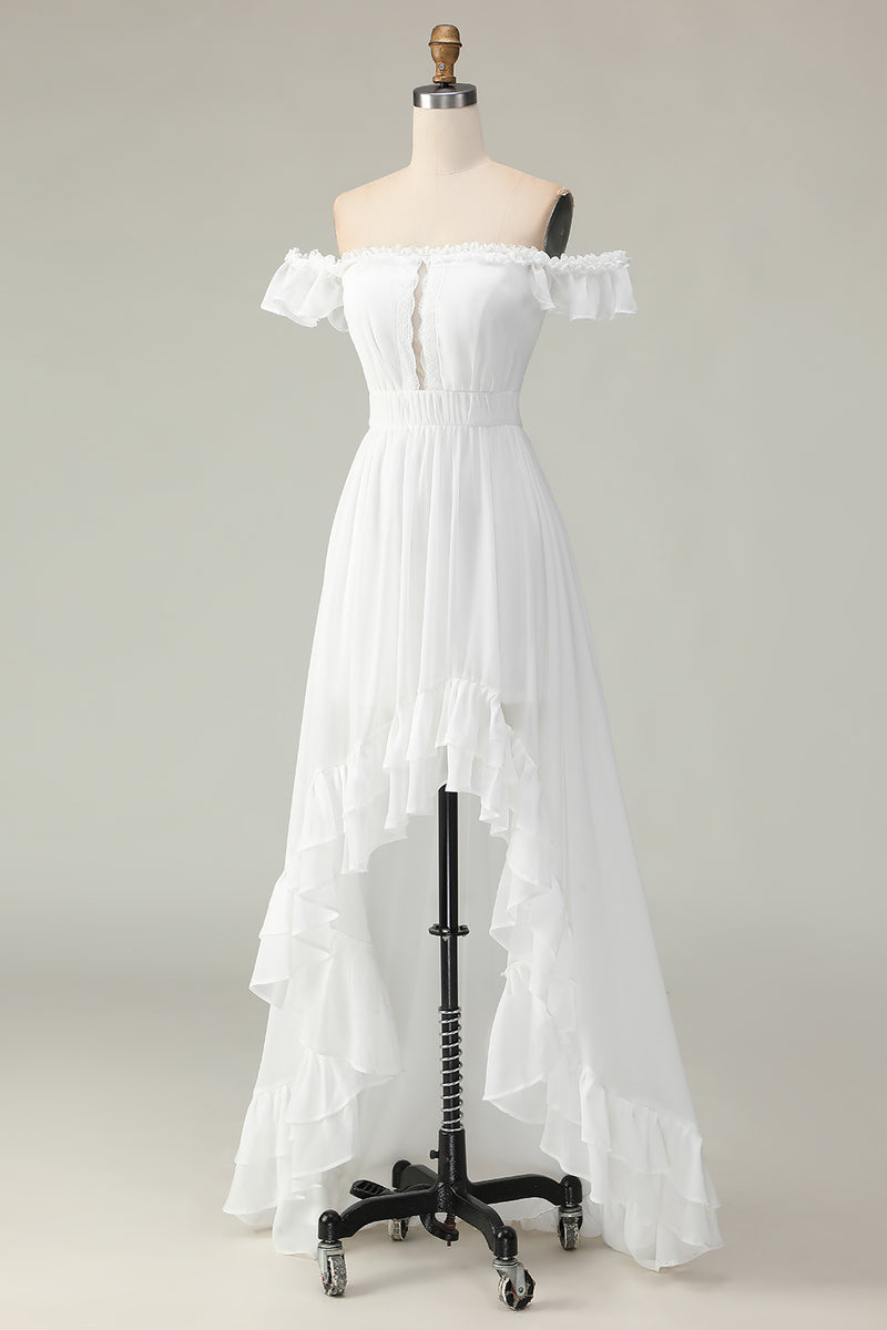 Load image into Gallery viewer, White Chiffon Off the Shoulder Asymmetrical Engagement Dress with Ruffles