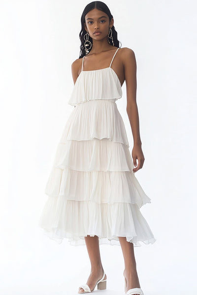 White Spaghetti Straps A Line Tiered Long Rehearsal Dinner Dress