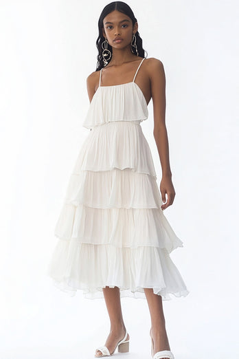 White Spaghetti Straps A Line Tiered Long Rehearsal Dinner Dress