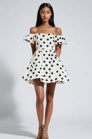 Load image into Gallery viewer, White Polka Dots Off the Shoulder Short Graduation Dress