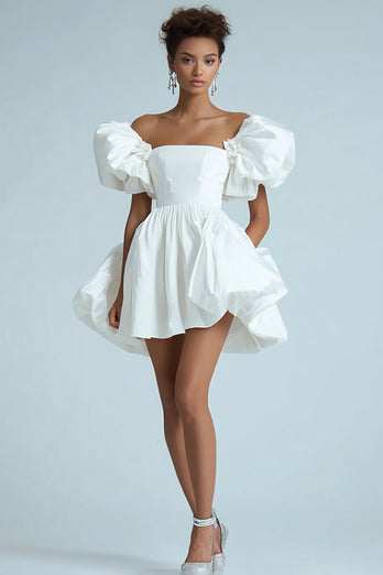 White A Line Off the Shoulder Ruffled Satin Short Graduation Dress
