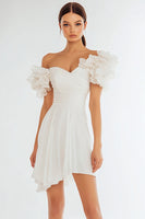 Load image into Gallery viewer, Ivory A Line Off the Shoulder Short Graduation Dress with Ruffles