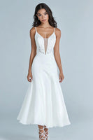 Load image into Gallery viewer, White Satin Corset Long Rehearsal Dinner Dress with Appliques