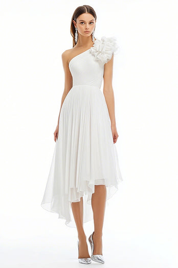 White A Line One Shoulder Chiffon Long Graduation Dress with Ruffles