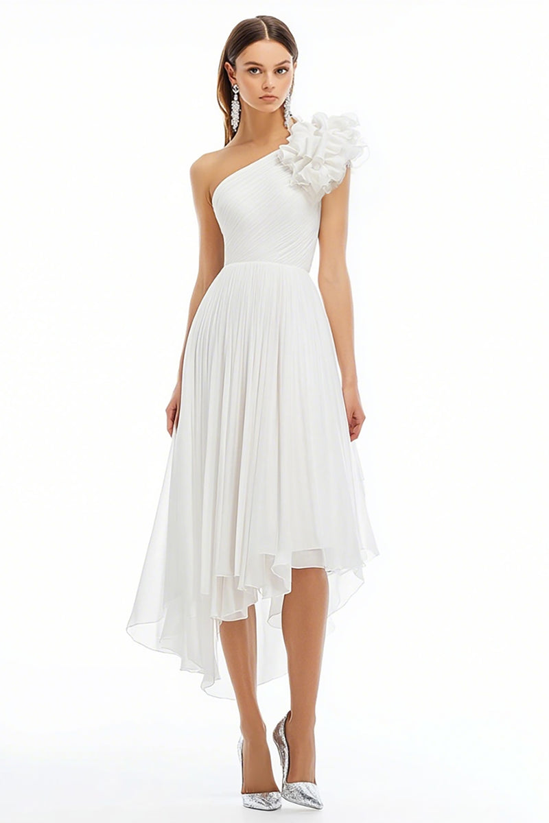 Load image into Gallery viewer, White A Line One Shoulder Chiffon Long Graduation Dress with Ruffles