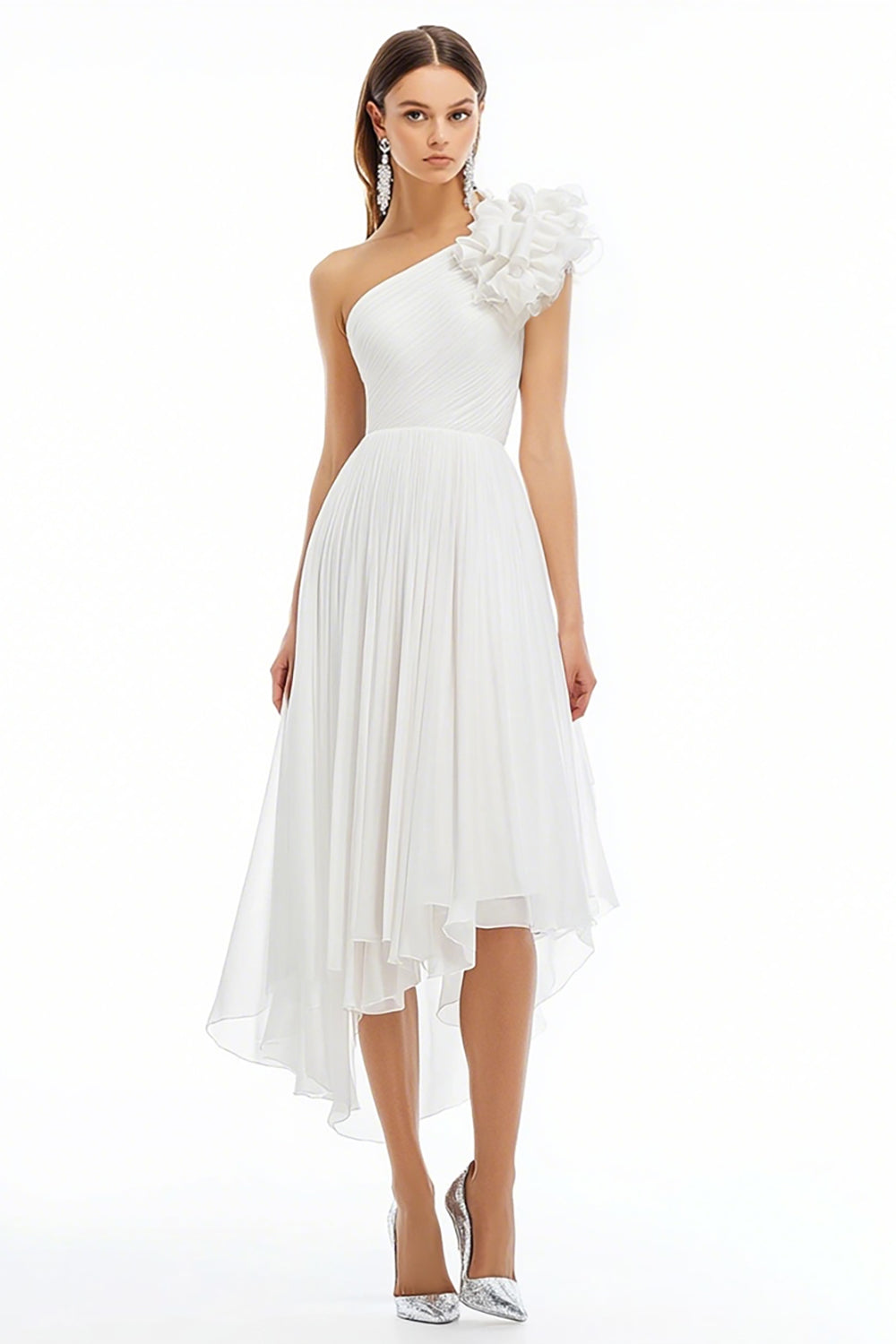 White A Line One Shoulder Chiffon Long Graduation Dress with Ruffles