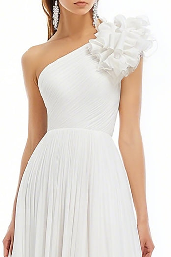 White A Line One Shoulder Chiffon Long Graduation Dress with Ruffles