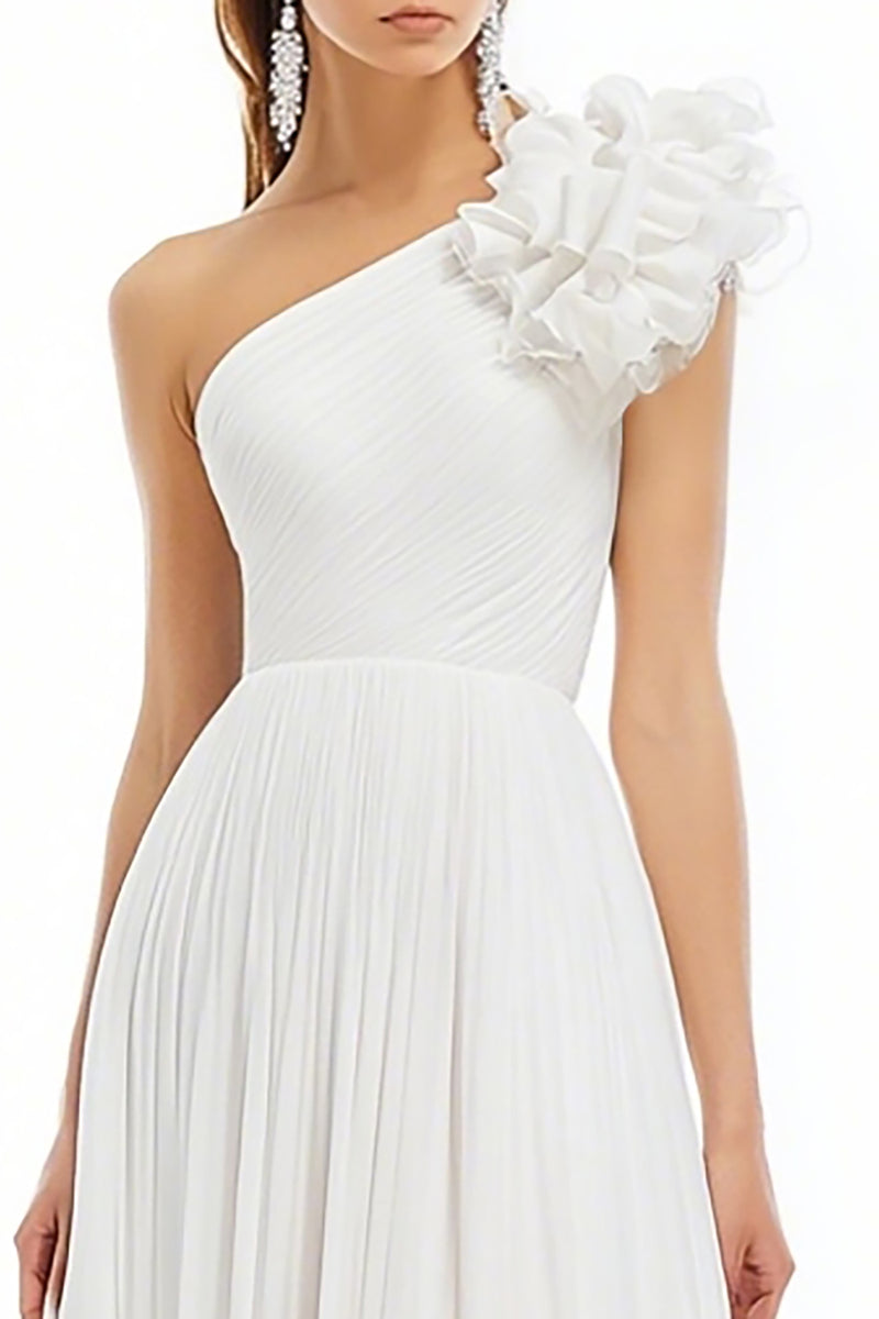 Load image into Gallery viewer, White A Line One Shoulder Chiffon Long Graduation Dress with Ruffles