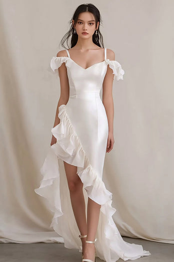 White Sheath Cold Shoulder Long Rehearsal Dinner Dress with Ruffles