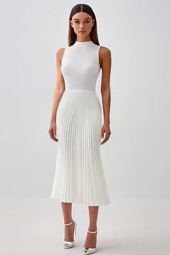 White Sheath High Neck Pleated Chiffon Long Rehearsal Dinner Dress