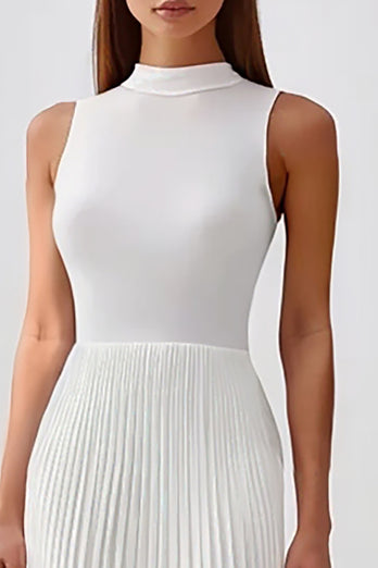 White Sheath High Neck Pleated Chiffon Long Rehearsal Dinner Dress