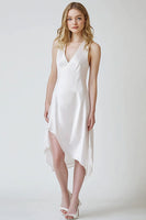 Load image into Gallery viewer, White Sheath V-Neck Satin Asymmetrical Graduation Dress