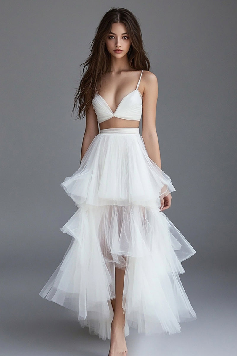 Load image into Gallery viewer, White 2 Pieces A Line Tulle Ruffled Long Rehearsal Dinner Dress