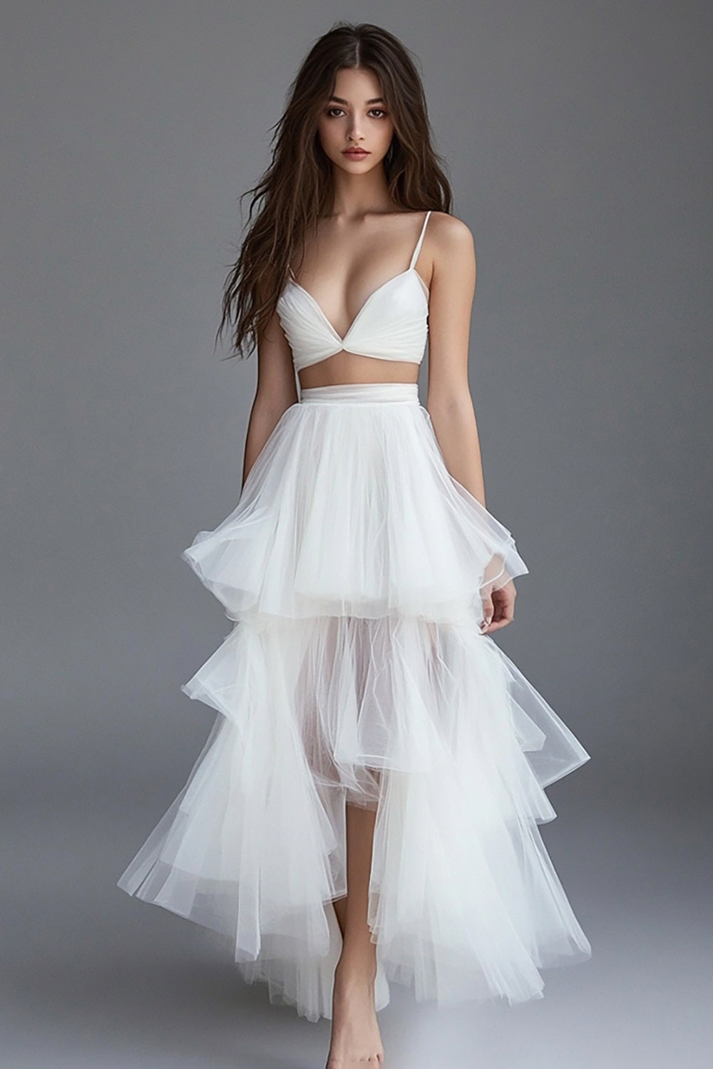 White 2 Pieces A Line Tulle Ruffled Long Rehearsal Dinner Dress