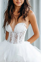 Load image into Gallery viewer, White A Line Tulle High Low Corset Western Wedding Dress with Lace