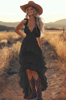 Load image into Gallery viewer, Queendancer Women Ivory Ruffled High Low Western Wedding Dress Boho A Line Spaghetti Straps V-Neck Ruched Rehearsal Dinner Dress