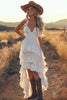 Load image into Gallery viewer, Queendancer Women Ivory A Line Ruffled Rehearsal Dinner High-Low Spaghetti Straps Boho Dress