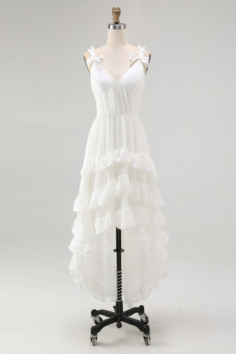 Boho Ivory A Line Ruffled V-Neck High-Low Rehearsal Dinner Dress