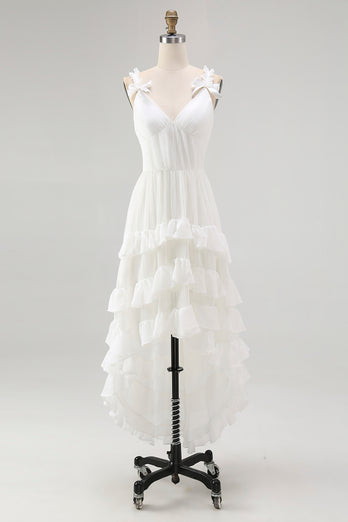 Boho Ivory A Line Ruffled V-Neck High-Low Rehearsal Dinner Dress