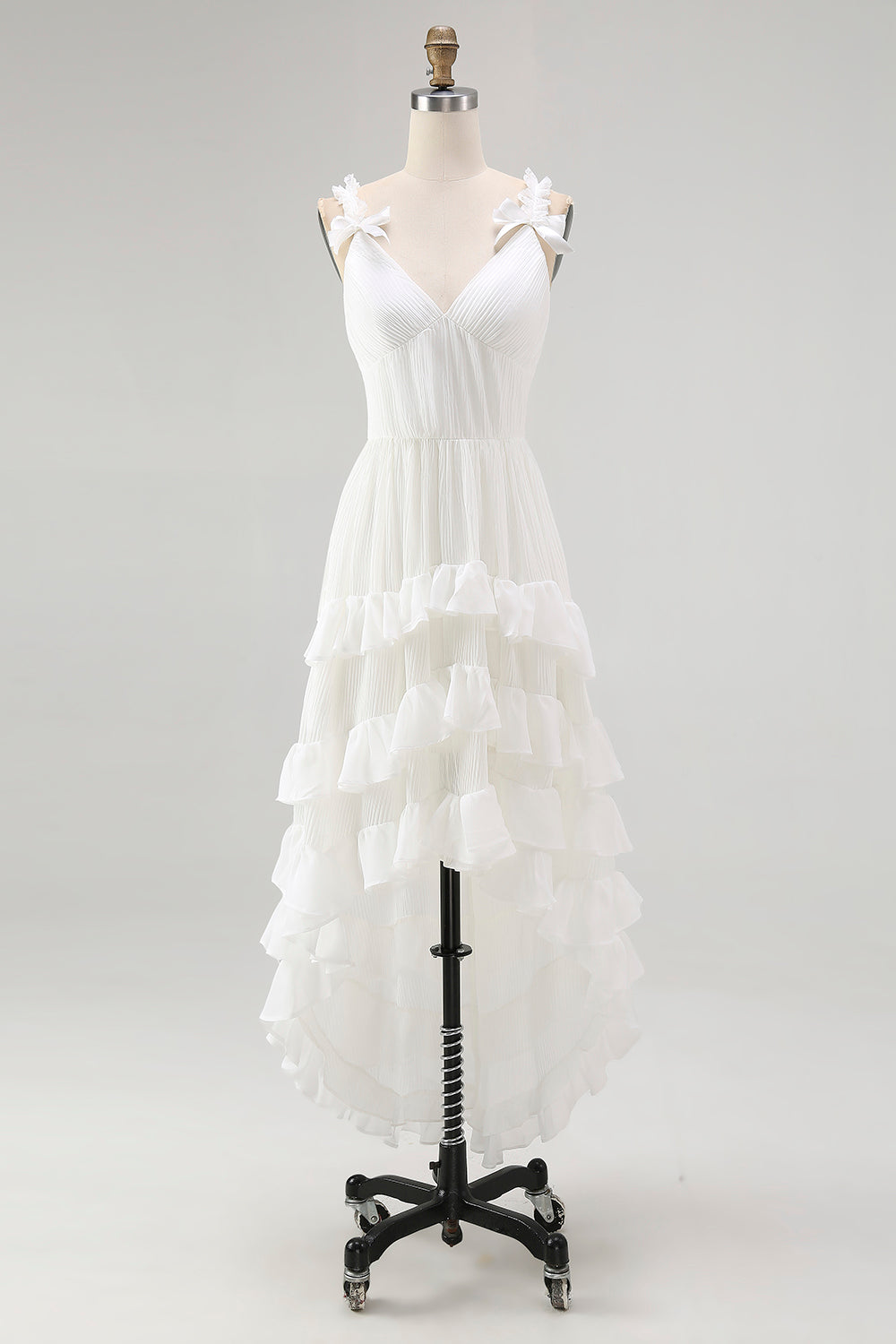 Boho Ivory A Line Ruffled V-Neck High-Low Rehearsal Dinner Dress