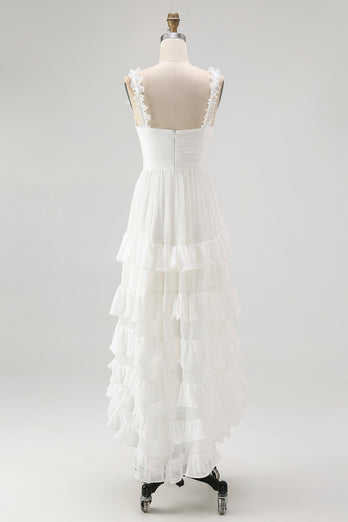 Boho Ivory A Line Ruffled V-Neck High-Low Rehearsal Dinner Dress