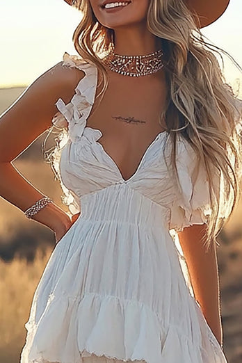 Ivory A Line High-Low Boho Rehearsal Dinner Dress with Ruffles
