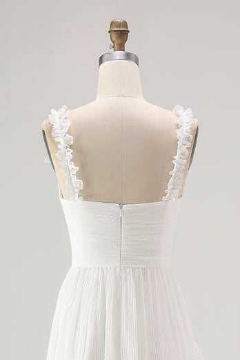 Boho Ivory A Line Ruffled V-Neck High-Low Rehearsal Dinner Dress