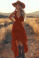 Load image into Gallery viewer, Queendancer Women Ivory Ruffled High Low Western Wedding Dress Boho A Line Spaghetti Straps V-Neck Ruched Rehearsal Dinner Dress