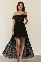 Load image into Gallery viewer, Black A Line Lace Off the Shoulder High-Low Cocktail Dress