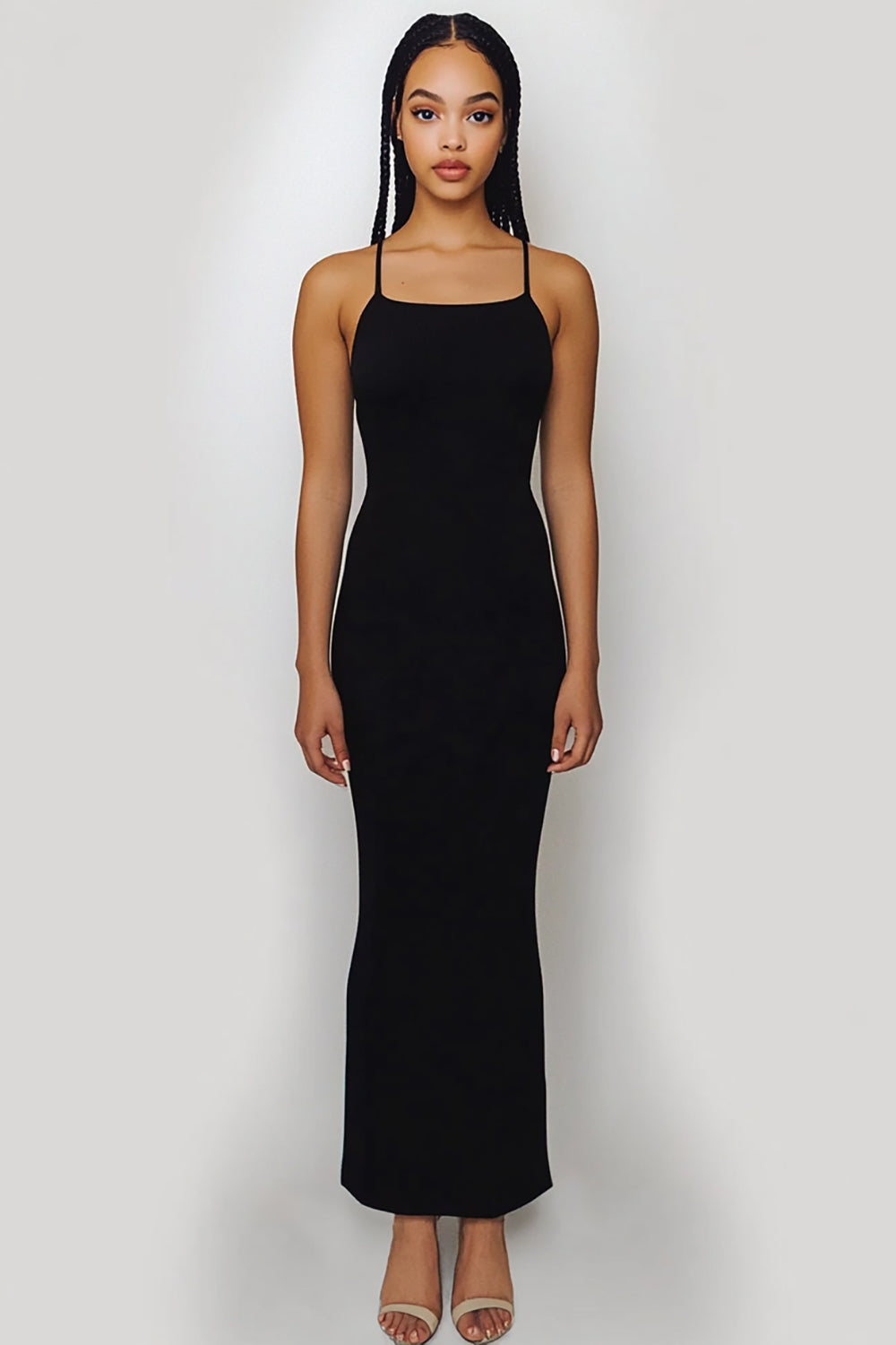 Black Satin Spaghetti Straps Sheath Long Formal Dress