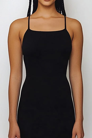 Black Satin Spaghetti Straps Sheath Long Formal Dress