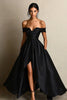 Load image into Gallery viewer, Black A Line Satin Off the Shoulder Long Formal Dress with Slit