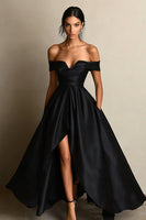 Load image into Gallery viewer, Black A Line Satin Off the Shoulder Long Formal Dress with Slit