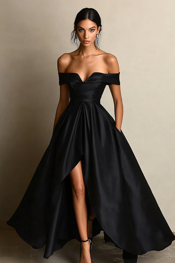 Black A Line Satin Off the Shoulder Long Formal Dress with Slit