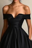 Load image into Gallery viewer, Black A Line Satin Off the Shoulder Long Formal Dress with Slit